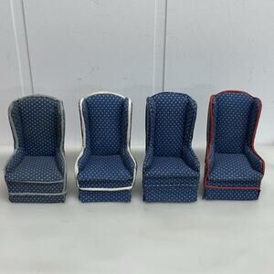 Vintage Dollhouse Livingroom High Back Fireside Chairs HANDMADE Blue Lot Of 4